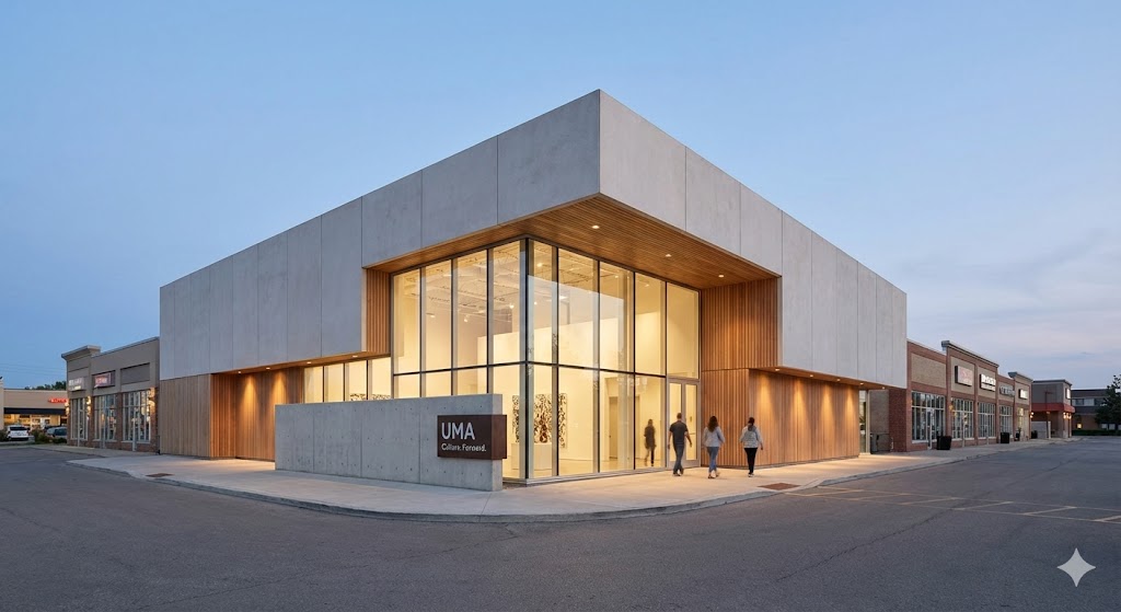 UMA Centre exterior rendering — corner view